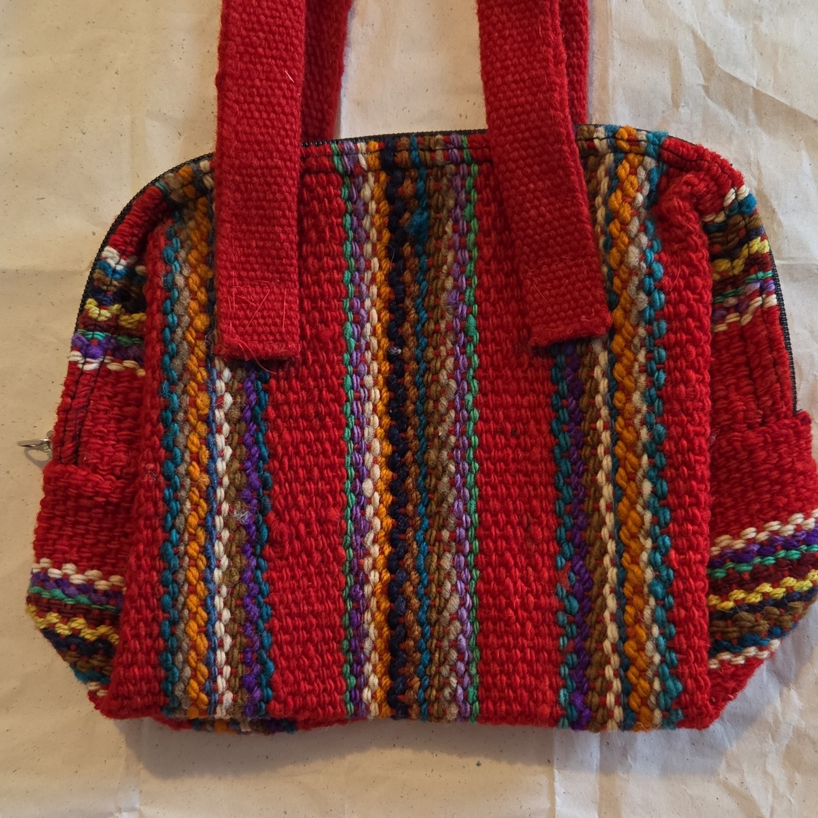 Handmade Woven Fabric Red Multi-Color Handbag Latin American Style One Size