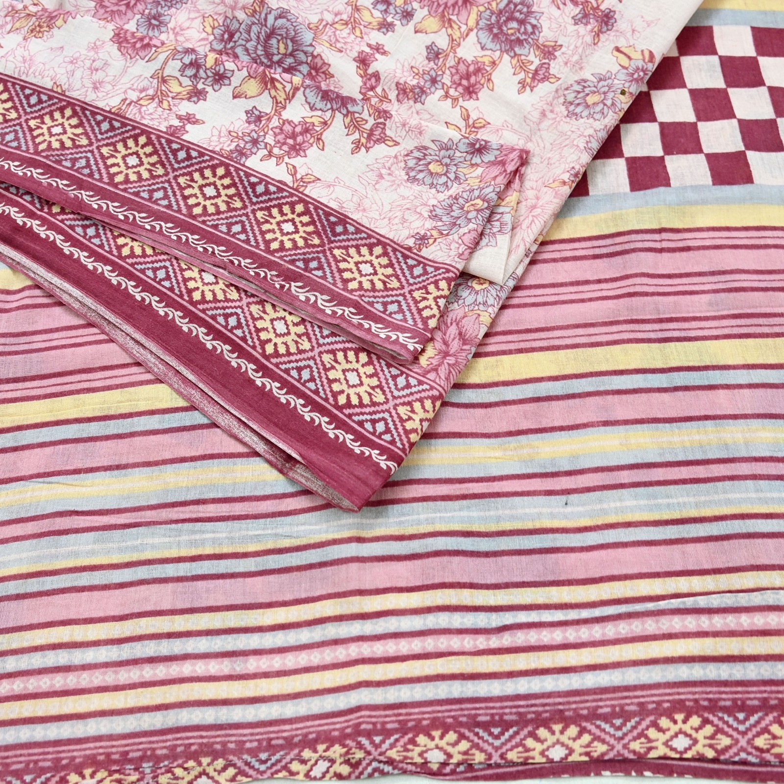 Vintage Sari Ivory & Pink Printed Blend Cotton Saree Craft Fabric 5Yd Soft Sewi