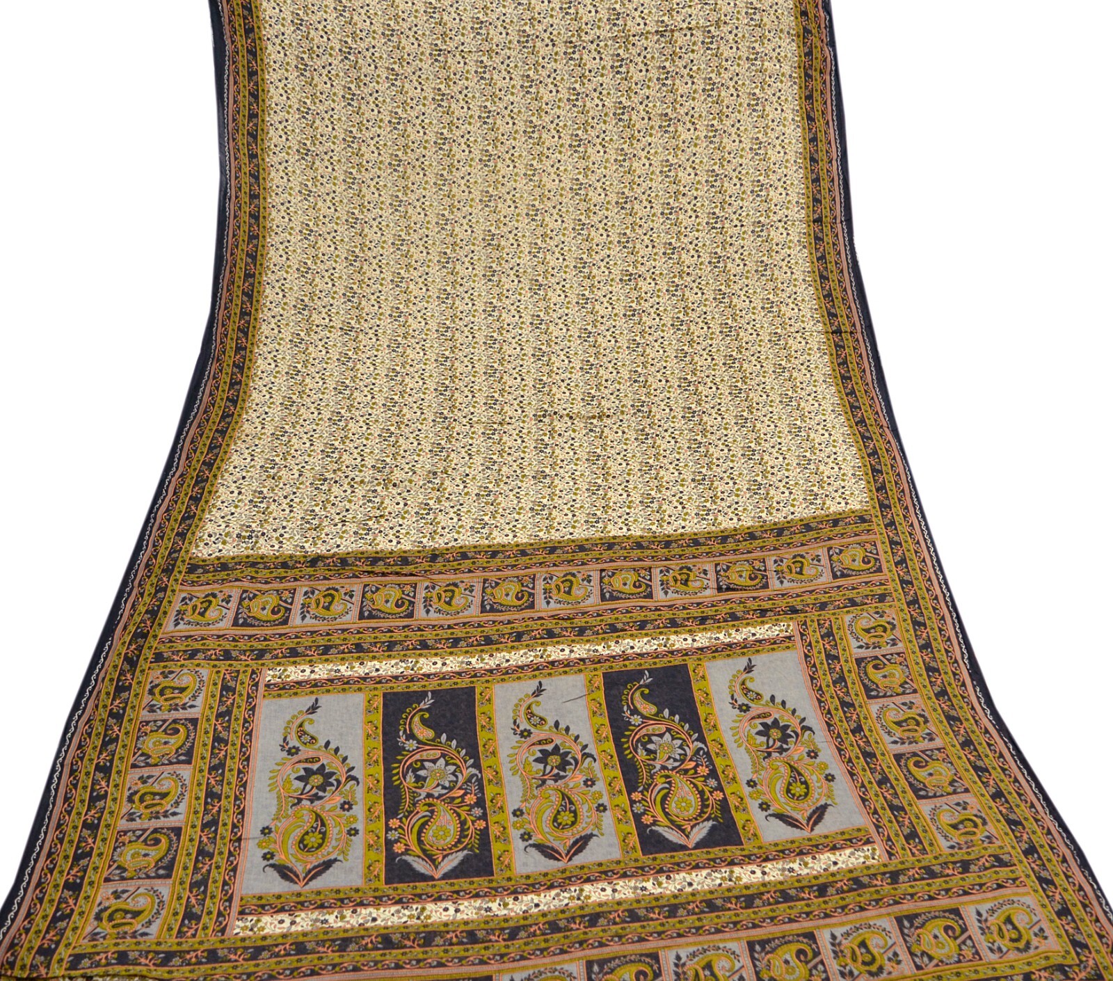 Indian Vintage Sari Ivory Printed Pure Cotton Sarees 5Yd Craft Fabric Sarong