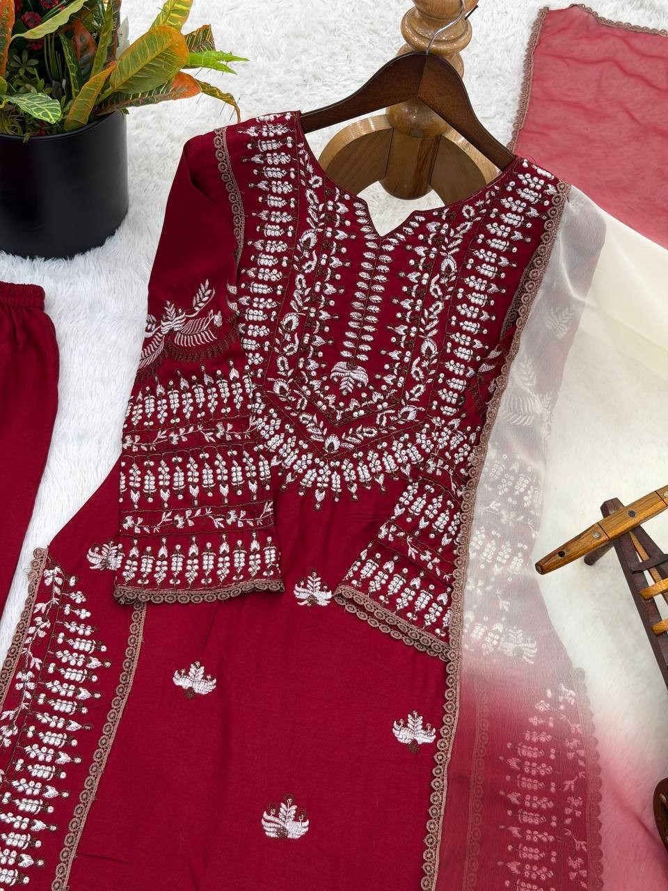Designer Rayon Cotton Maroon Salwar Kameez With Dupatta For Indian Party Wear