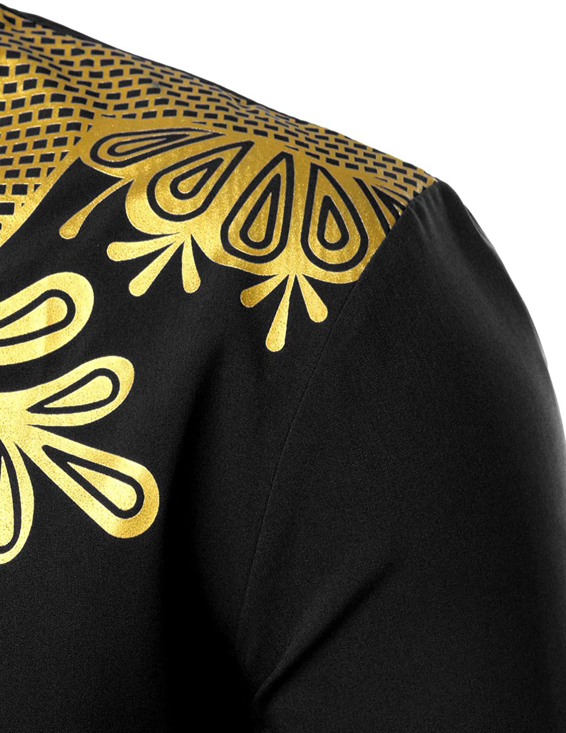 LucMatton Men’s African Dashiki Luxury Metallic Gold Printed Mandarin Collar Shi
