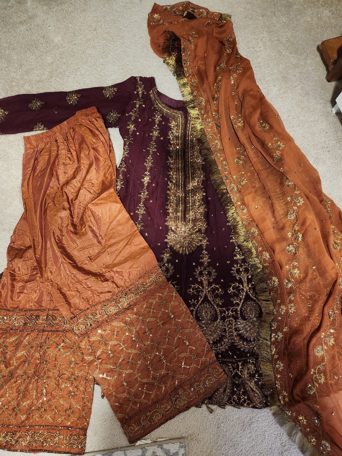 NEW Maroon And Orange Gold Embellished Indian Anarkali Dress Eid Wedding Party