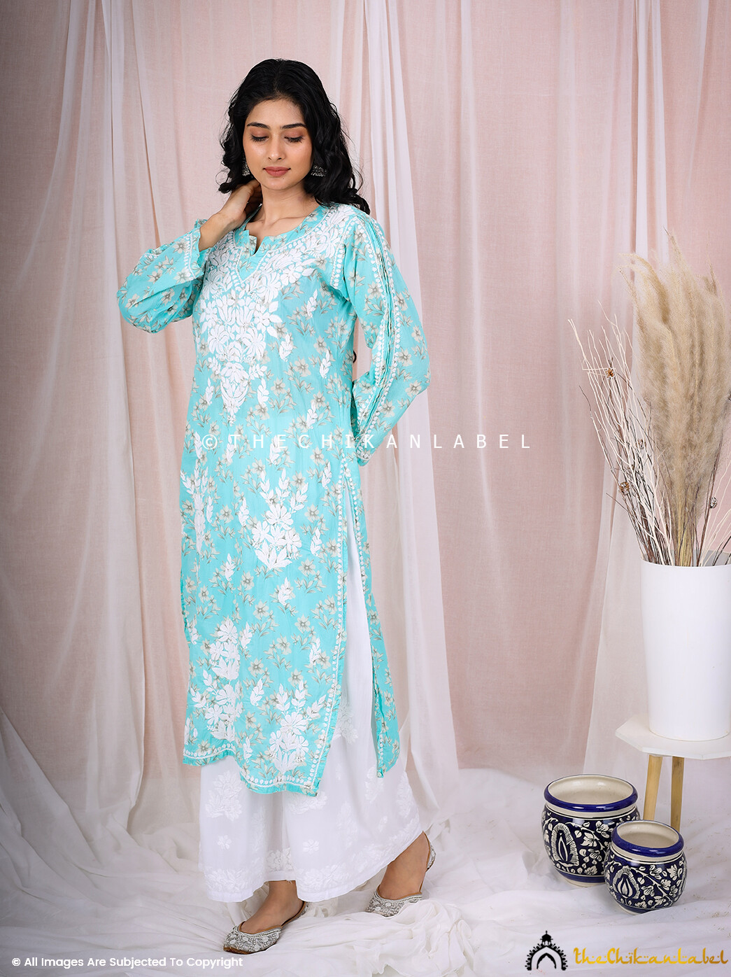 Blue Mulmul Chikankari Printed Straight Kurti Lucknow Chikan Handmade Kurta