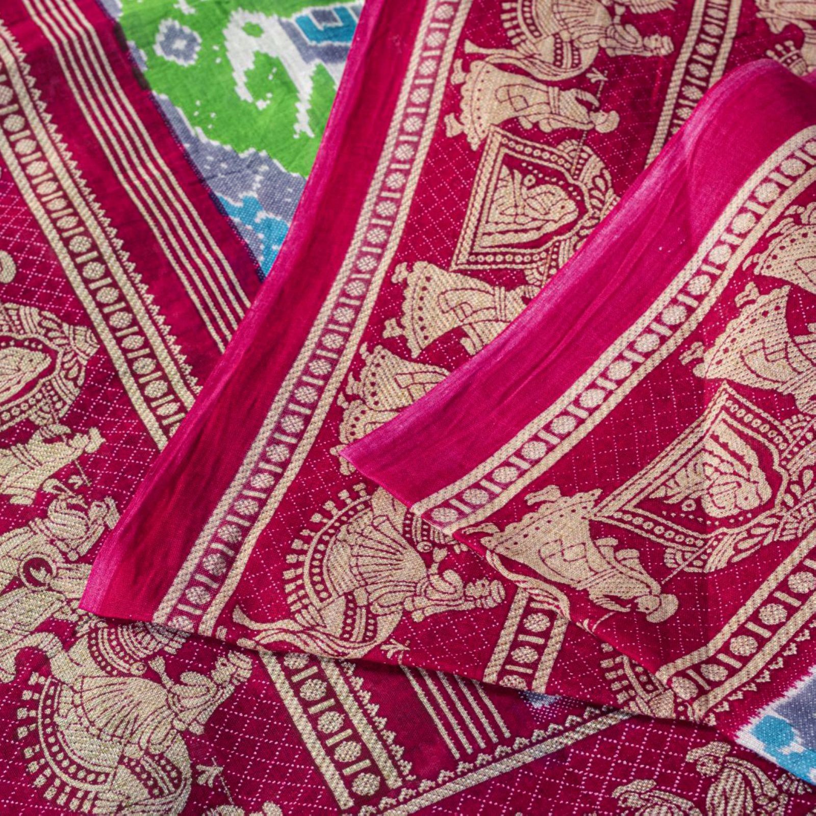 Sanskriti Vintage Saree Green Pure Cotton Kat Printed Peacock Sari 5+Yd Fabric
