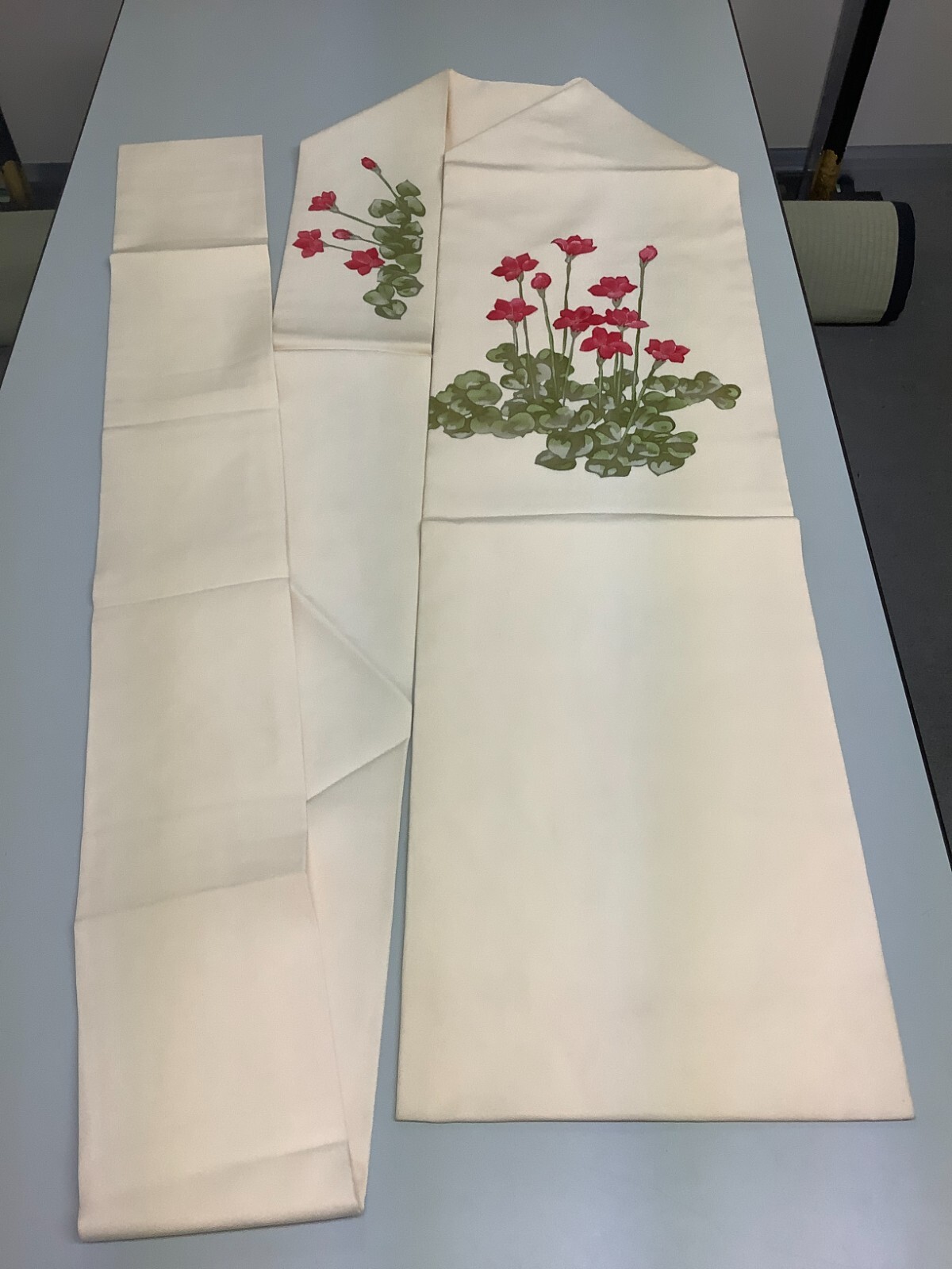Japanese Vintage Kimono Nagoya Obi polyester White flower 139.3×11.8inch
