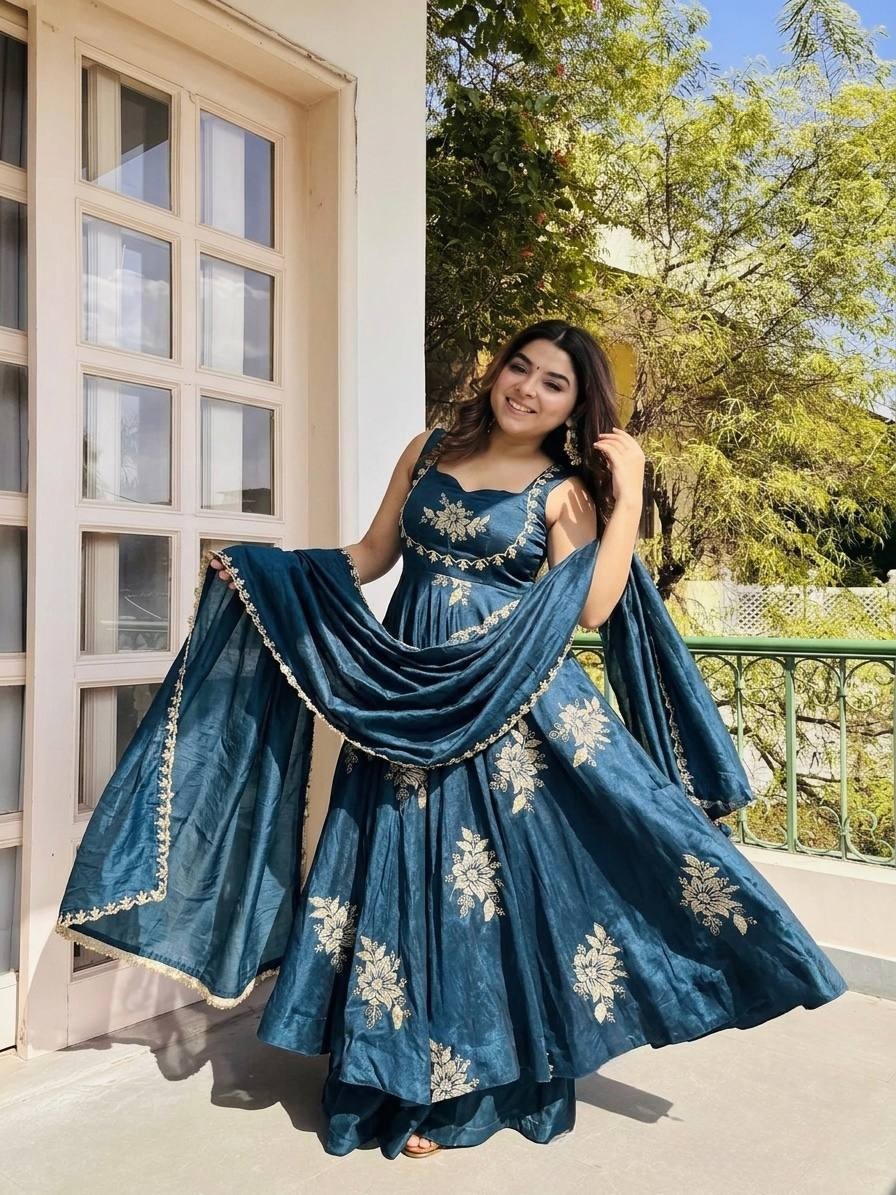Designer Fandy Silk Anarkali Gown Wedding Reception Party Wear Dress For Women