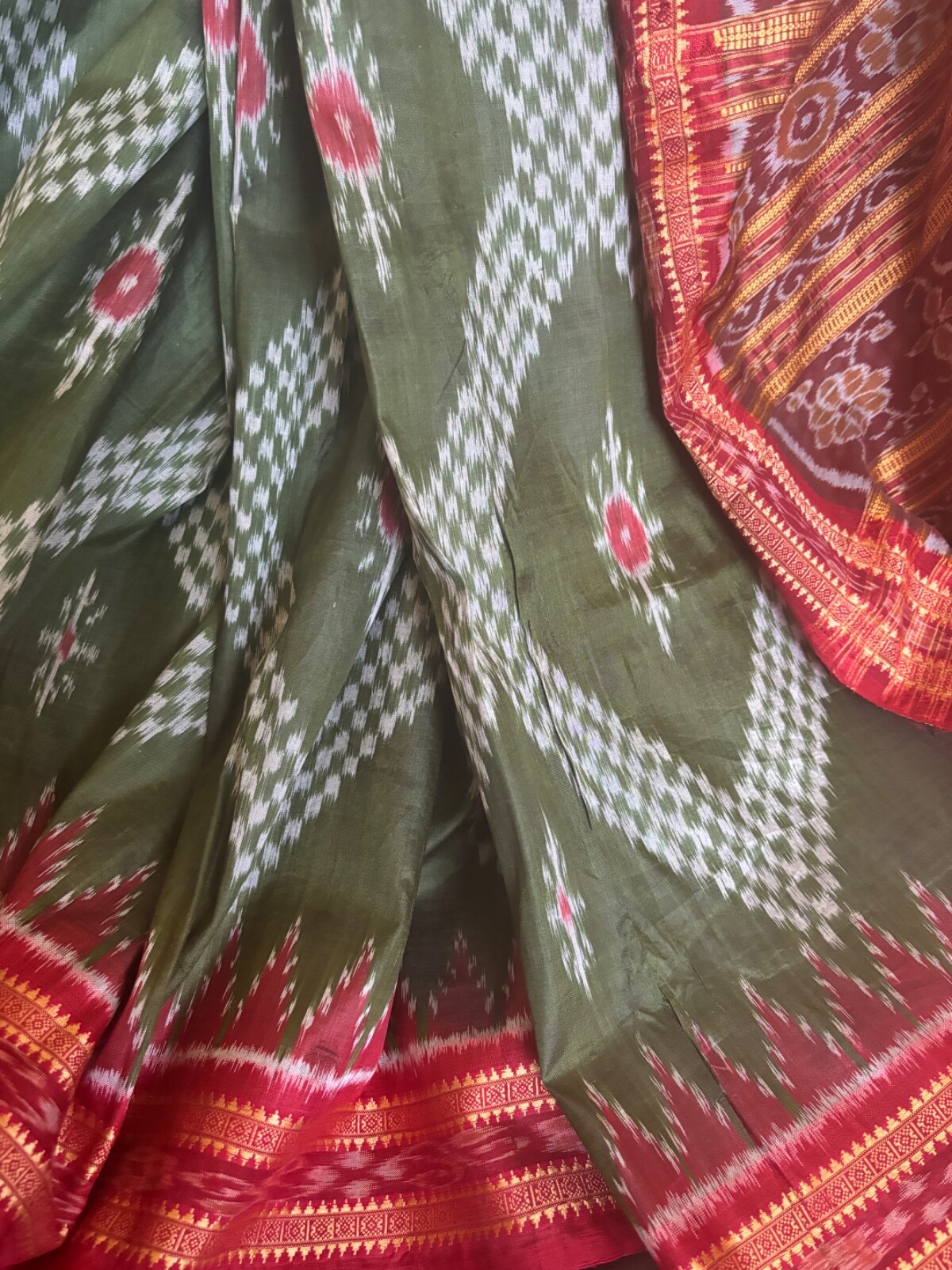 Olive green and red Katki silk saree without fall and pico.