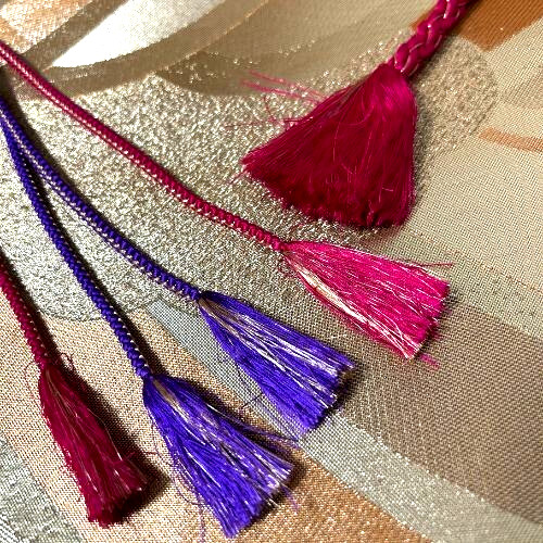 Elegant Obijime Silk Cord Purple & Fuchsia Braided with Kanzashi Accent 170cm