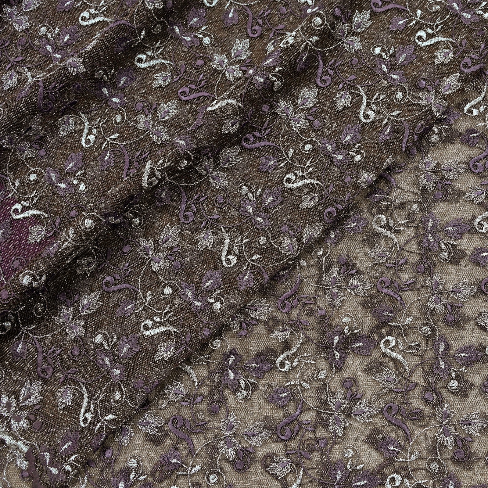 Indian Vintage Brown Saree Net/Mesh Embroidered Sari Craft Fabric Floral 5Yd