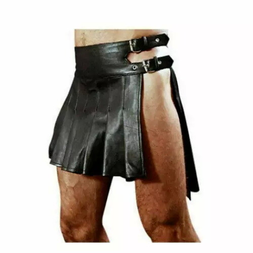 Mens Roman Gladiator Black Real Leather Clubwear Larp Hot Utility kilt