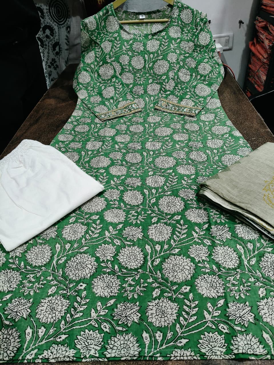 Green Hand Printed Cotton straight kurta set, mother’s day gift, gift for her