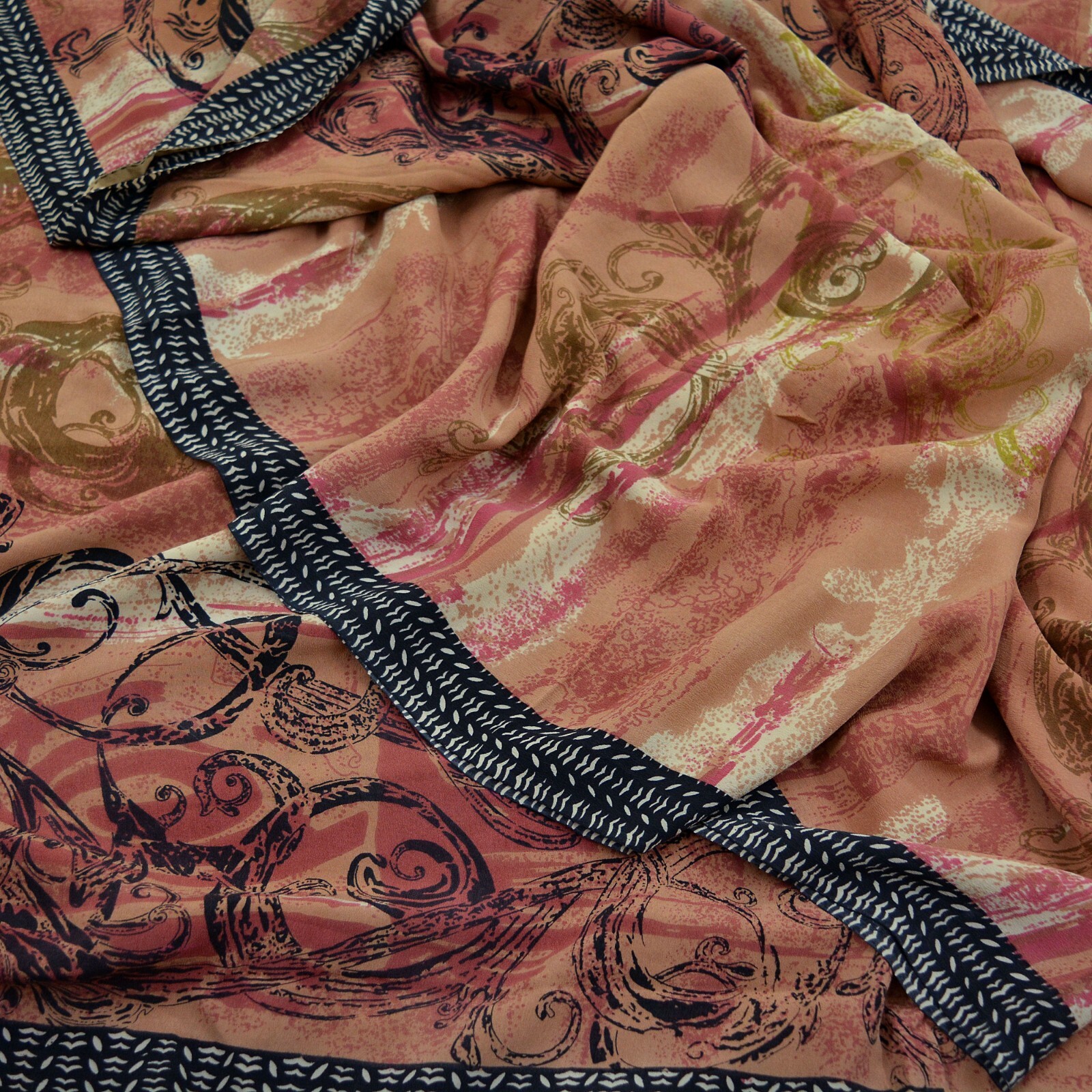 Vintage Sari Brown & Black Pure Crepe Silk Printed Saree 5yd Sewing Dress Making