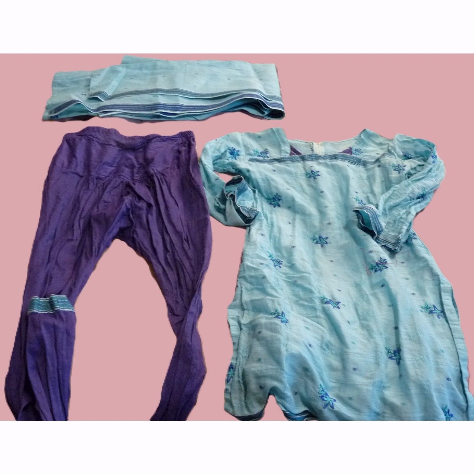 Vintage Turquoise purple Embroidered cotton voile salvar kameez with Dupatta S-M
