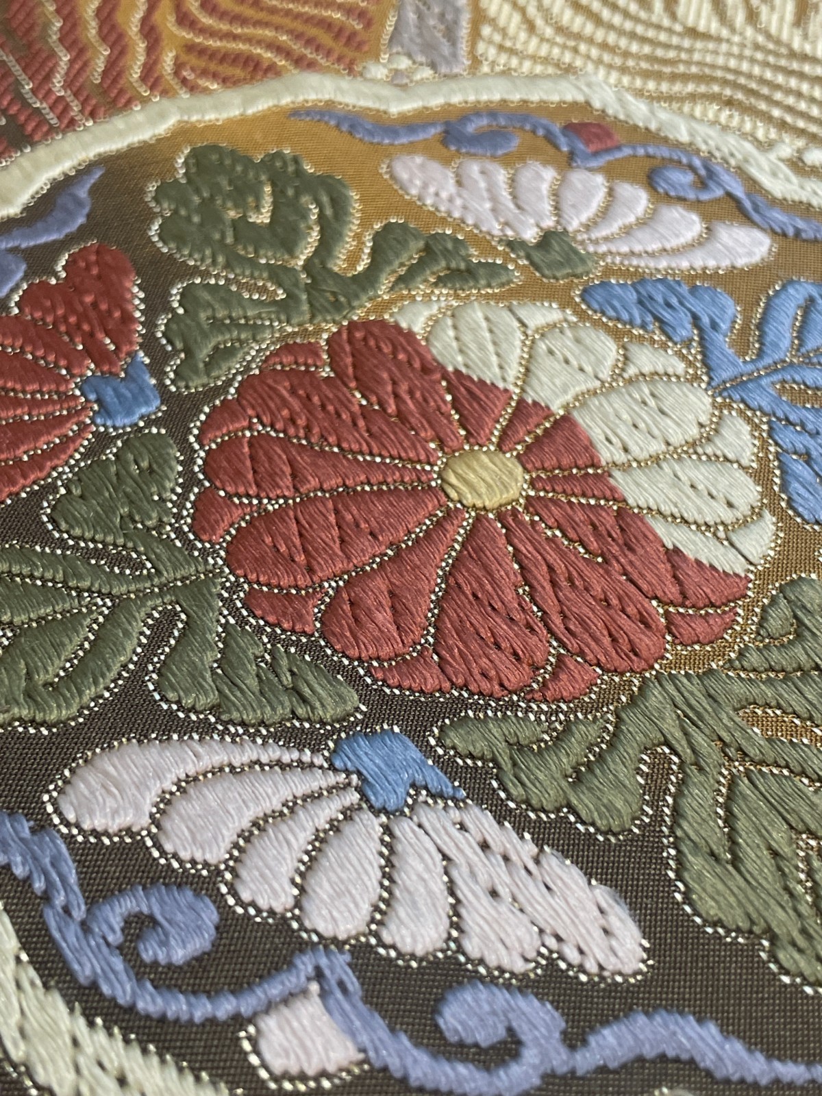 Vintage Japanese Kimono Silk Fukuro Obi Colored Floral Brocade Textile Art
