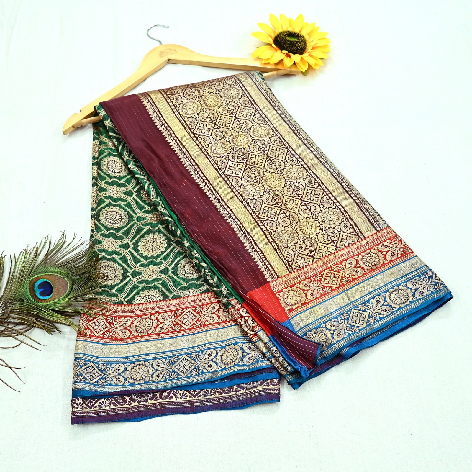 Antique Vintage Heavy Sari Green Pure Satin Silk Hand Woven Banarasi Sarees 5yd