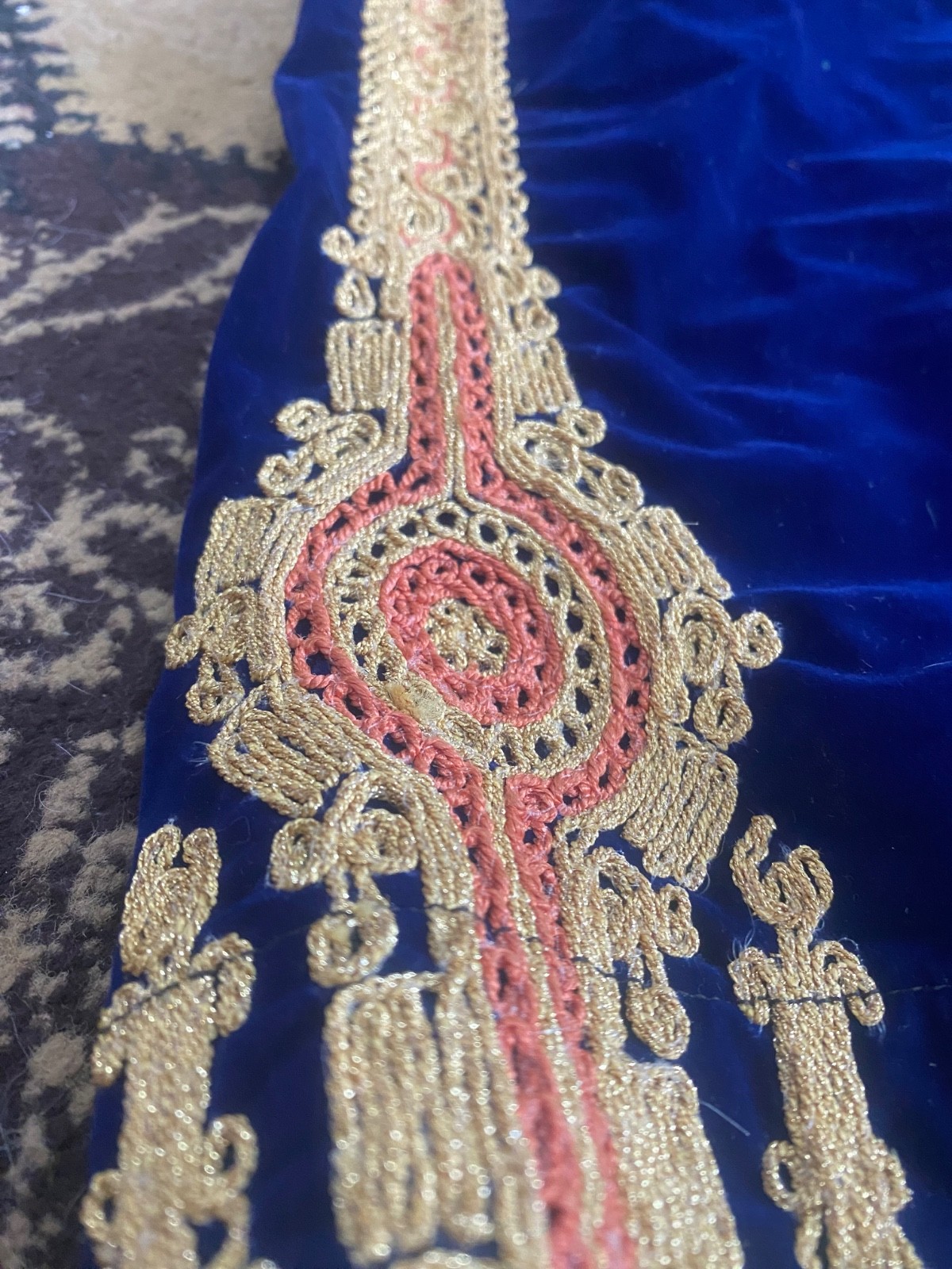 Traditional Old Palestinian Dress in Indigo Color Qasab Embroidery – Handmade