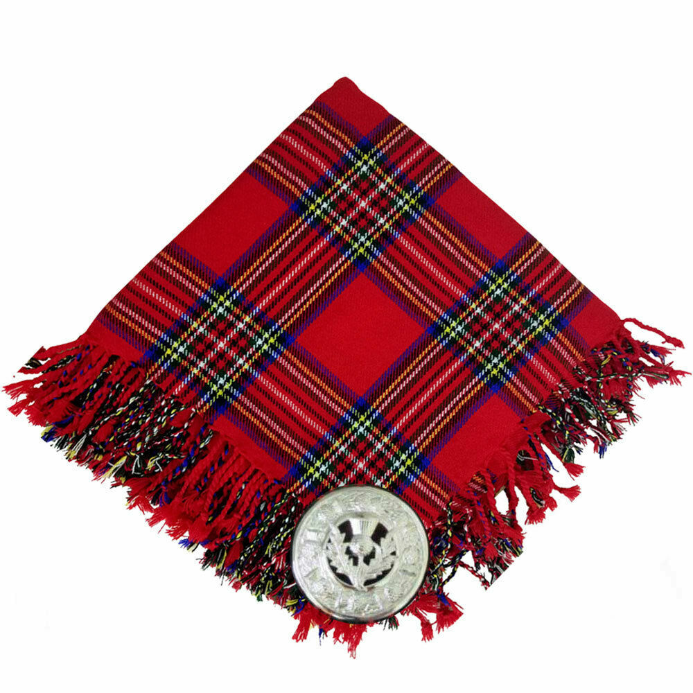 Royal Stewart Tartan 4 Sides Purled & Fringed Fly Plaids With Brooch