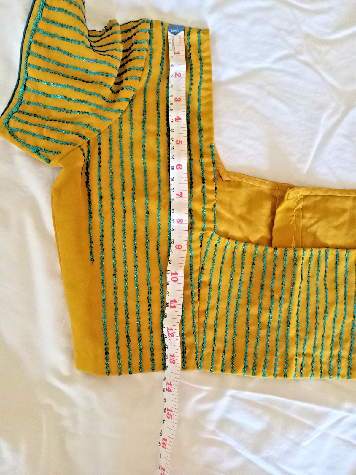 Yellow Chiffon Saree with Aqua Blue Sequins and Blouse (size medium-large)