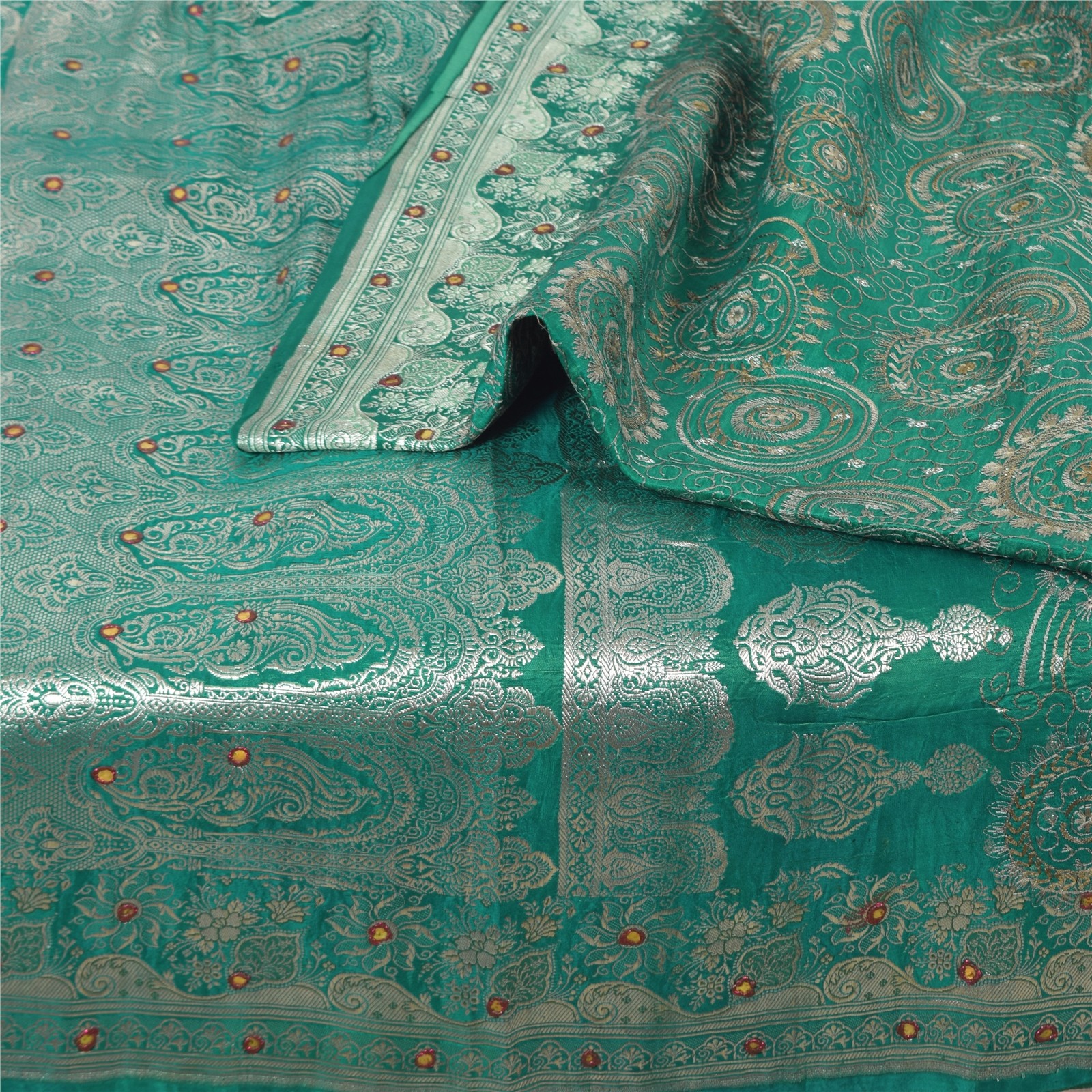 Sanskriti Vintage Teal Sarees Pure Satin Silk Brocade/Banarasi Woven 5+Yd Sari