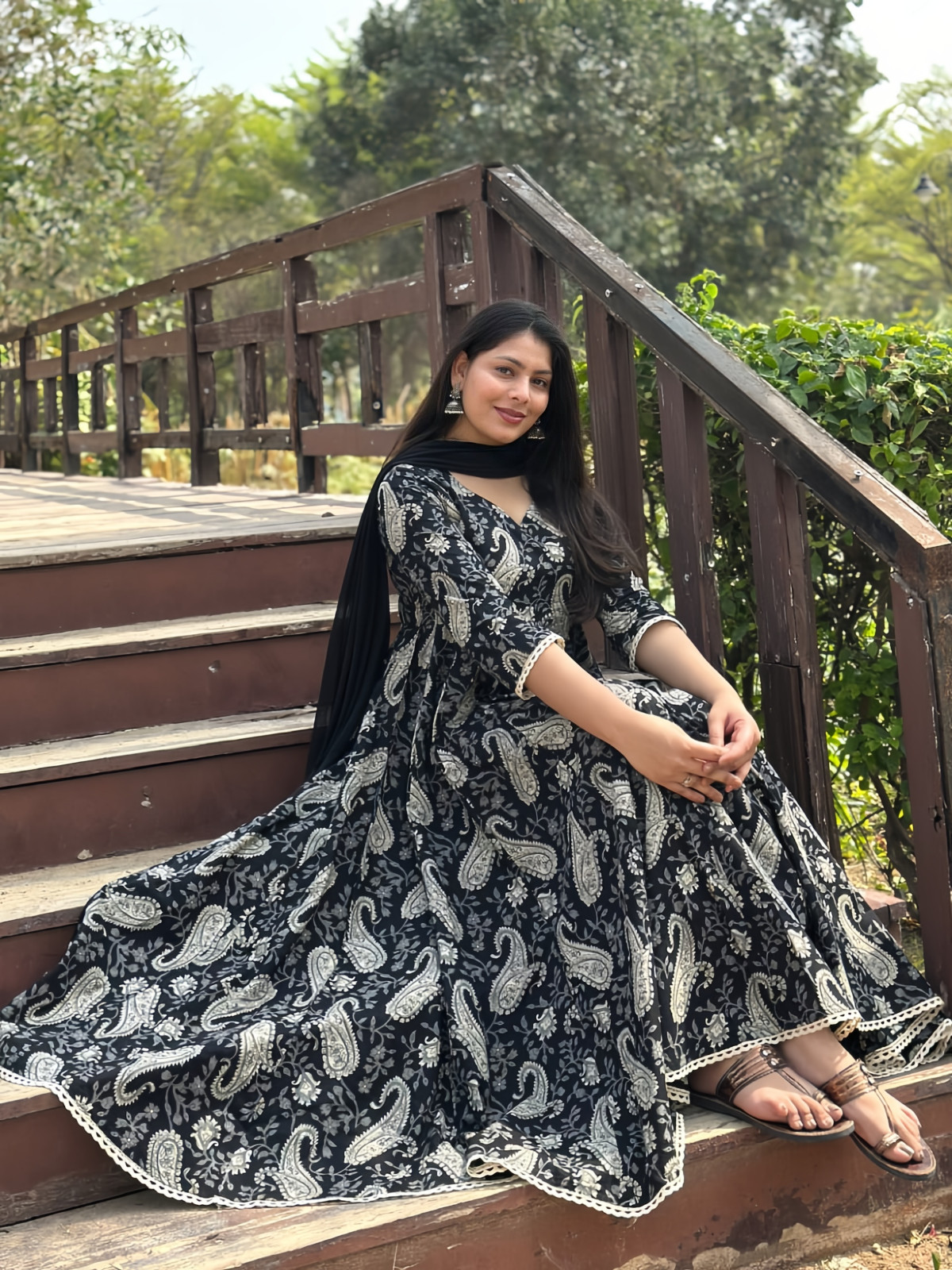 Paisley Print Anarkali Dress with Black Dupatta Floor Length
