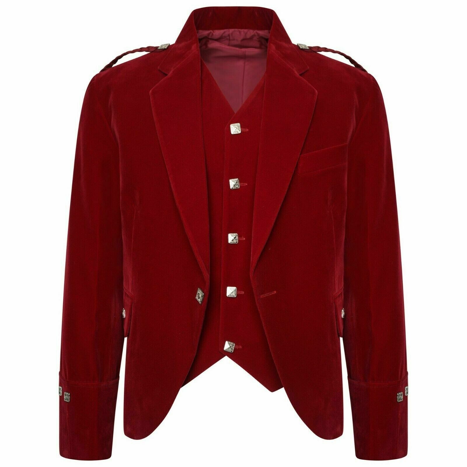 Men’s Scottish Red Velvet Prince Charlie Jacket 5 Button Vest Kilt Jacket