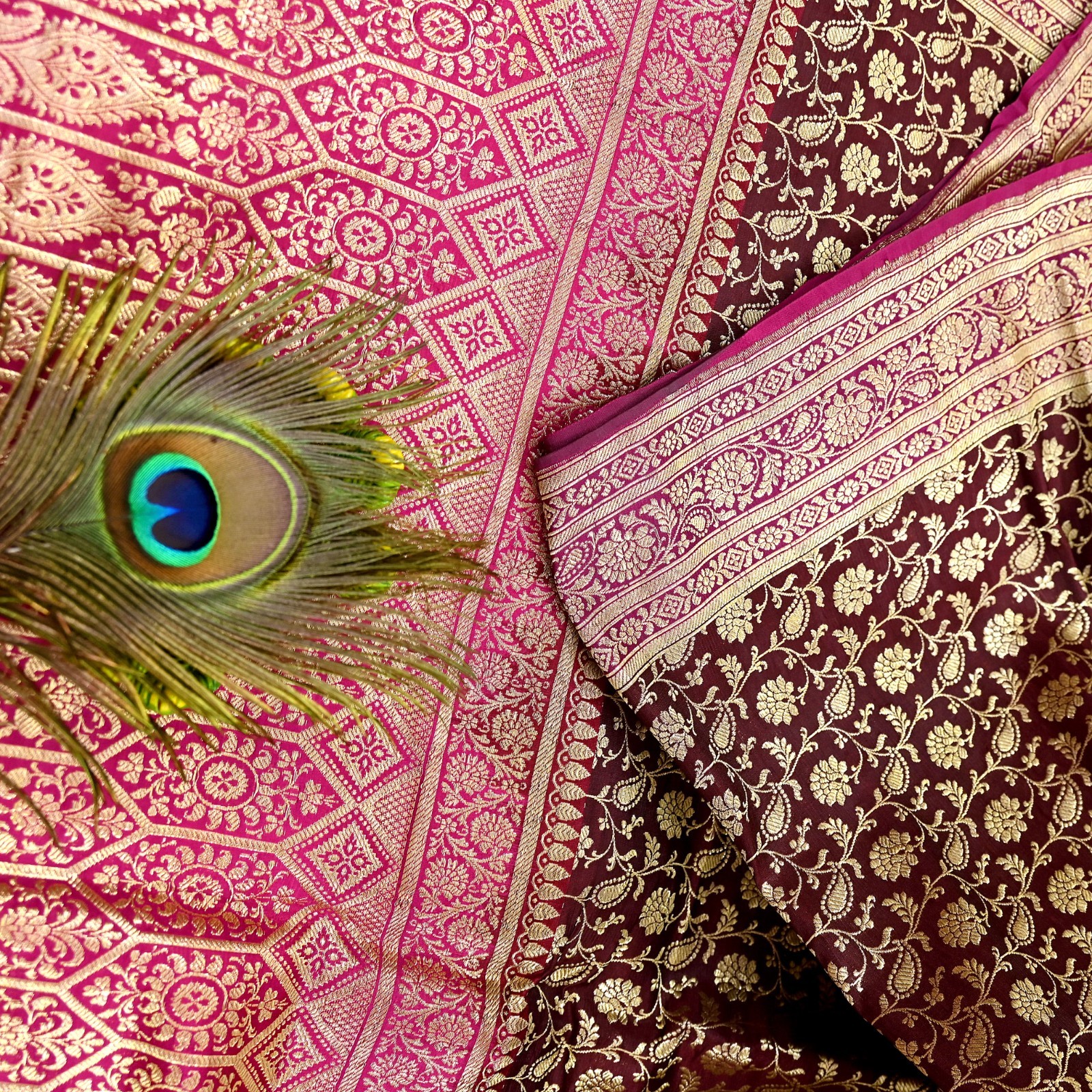 Vintage Sari Pink & Maroon Heavy Wedding Pure Satin Silk Banarasi Brocade Saree
