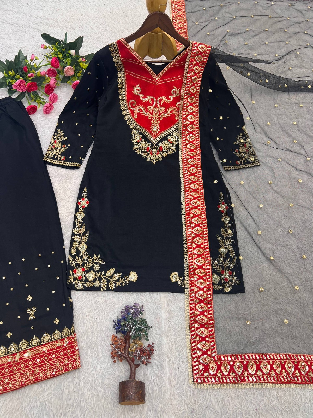 Party Wear Black Maska Cotton Kurta Palazzo With Net Dupatta For Women