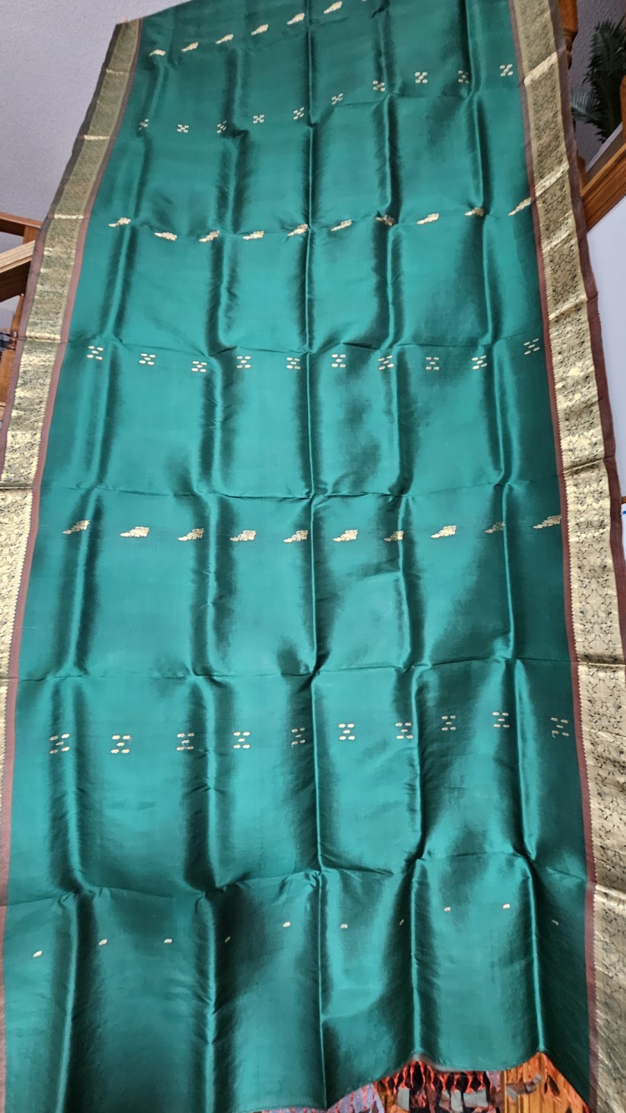 Royal Vintage Gold Brown & Emerald Pure Silk Saree