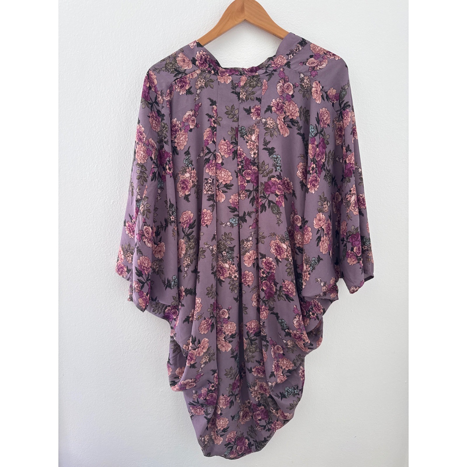 A NEW DAY Kimono Duster Lavender Floral Print Open Front Lightweight Boho OSFM