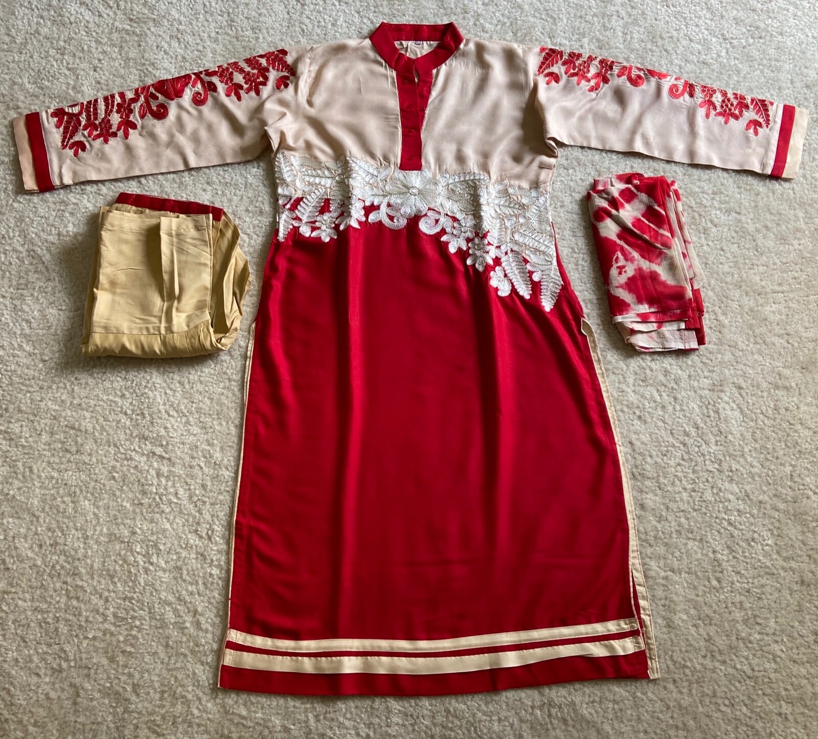 Indian Party Dress 3 piece Embroidered Red Beige Cotton Rayon Salwar Suit SZ 38