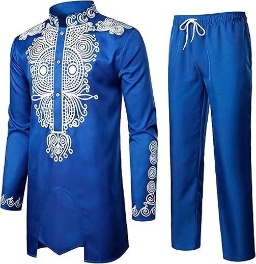 LucMatton African 2 Piece Set Long Sleeve ROYAL BLUE Print Dashiki and Pants MED