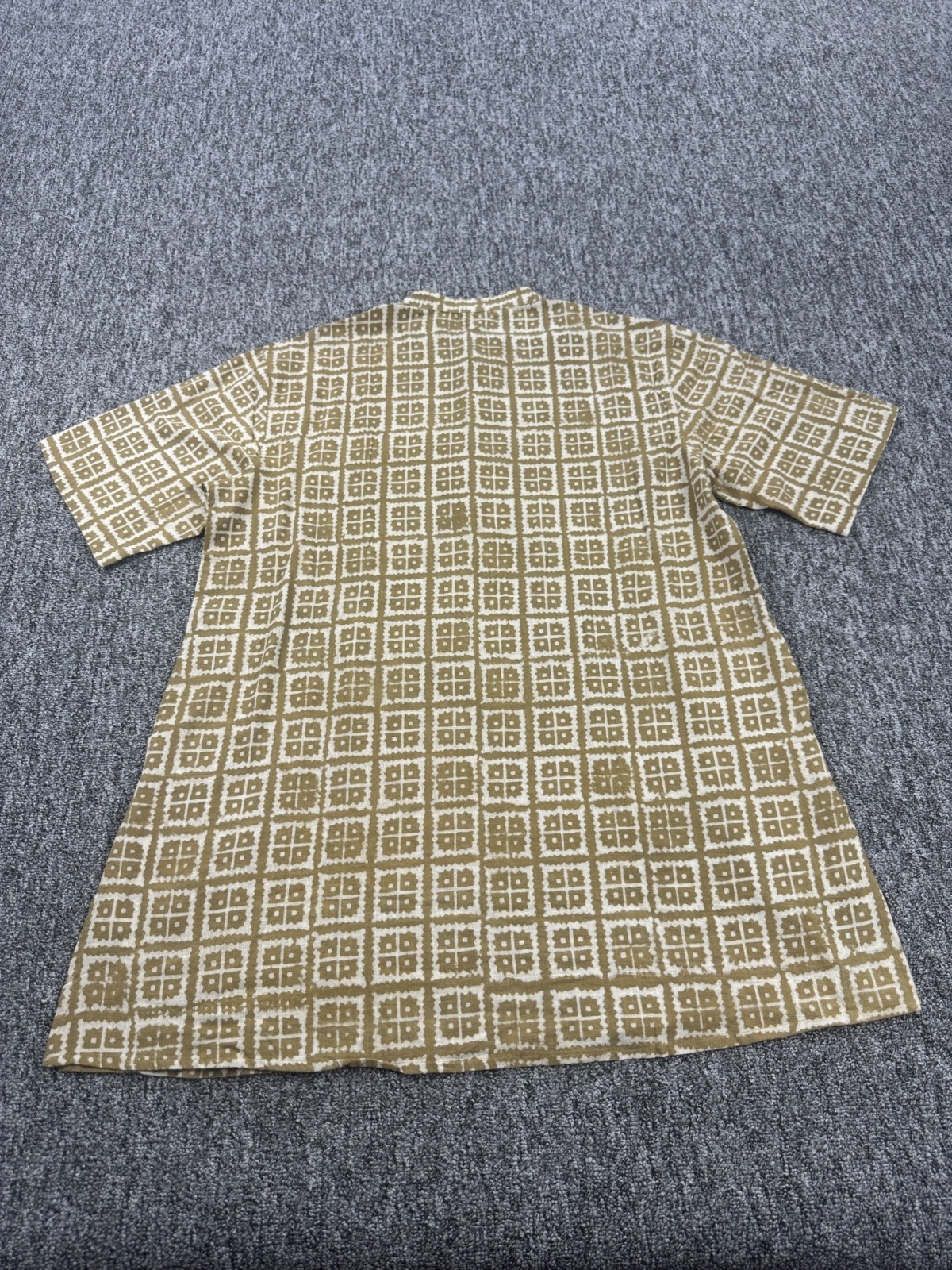 Fabindia Shirt Men 40 Large Olive Green Geometric Indian Henley Kurta Tunic Top