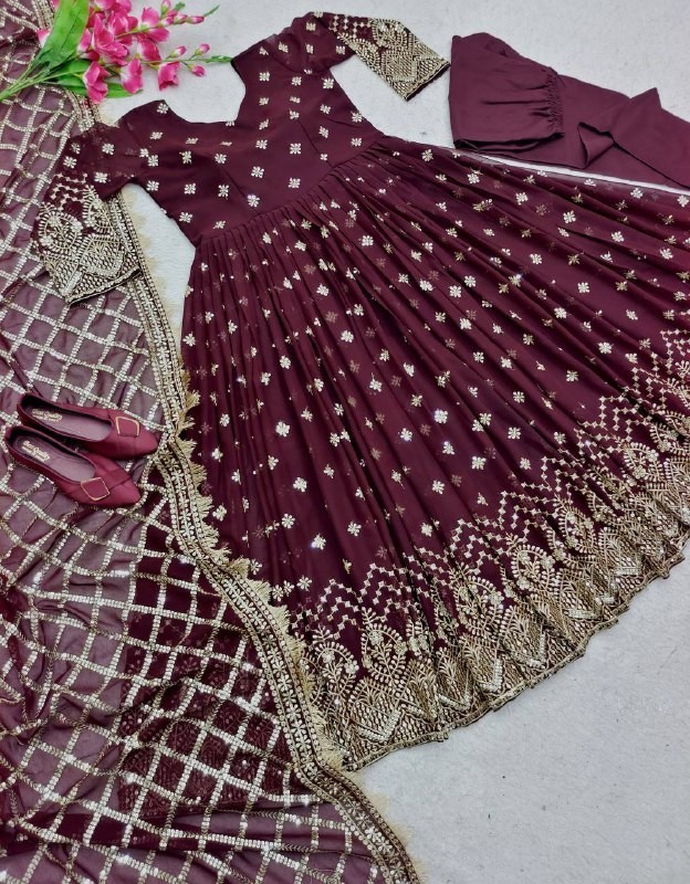 Stunning Look Faux Georgette Maroon Gown Bottom With Dupatta For Wedding Wear