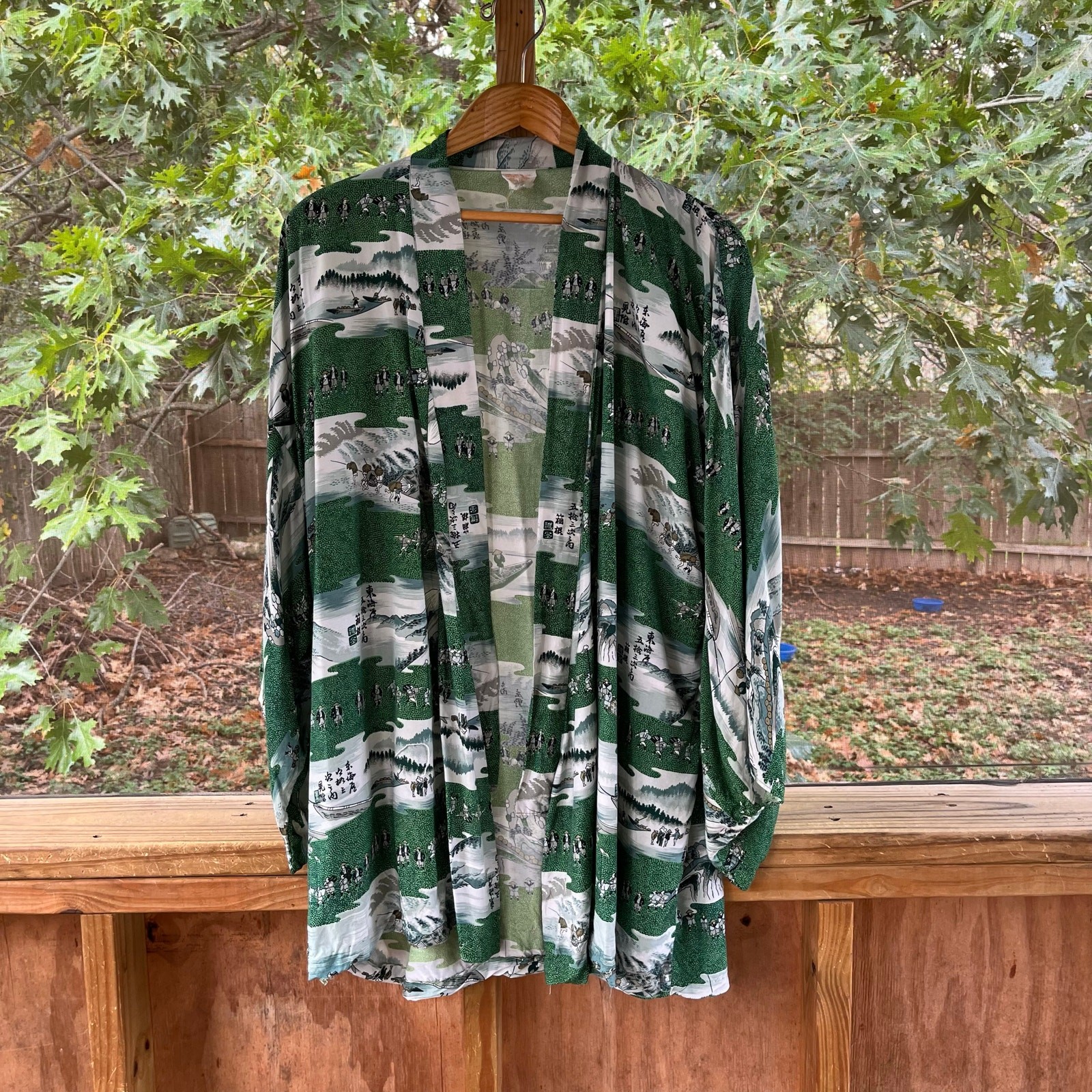 Women’s Vintage Japanese Haori Jacket Green & White Printed One Size
