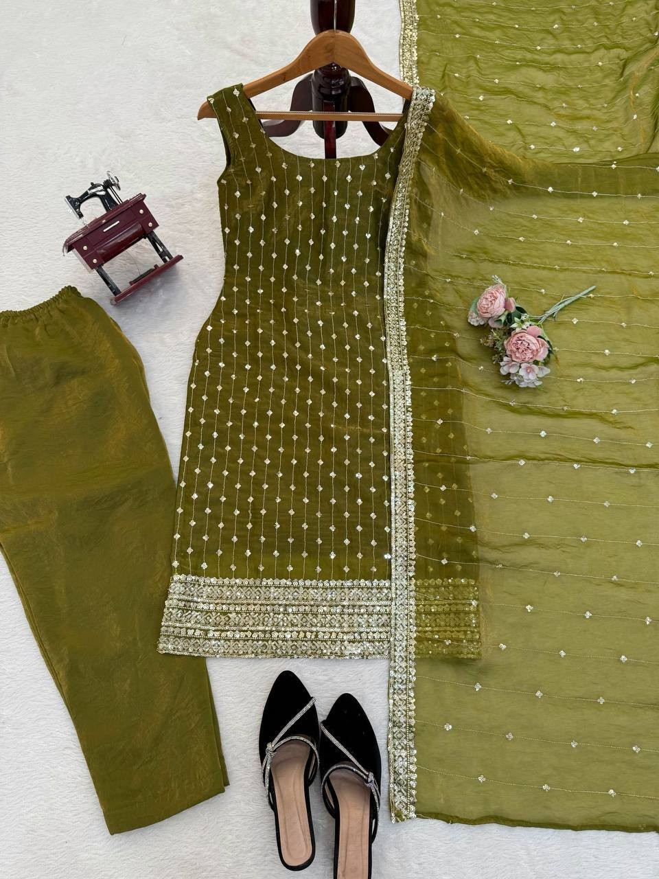 Stunning Look Silk Olive Green Salwar Kameez With Dupatta For Functional Wear