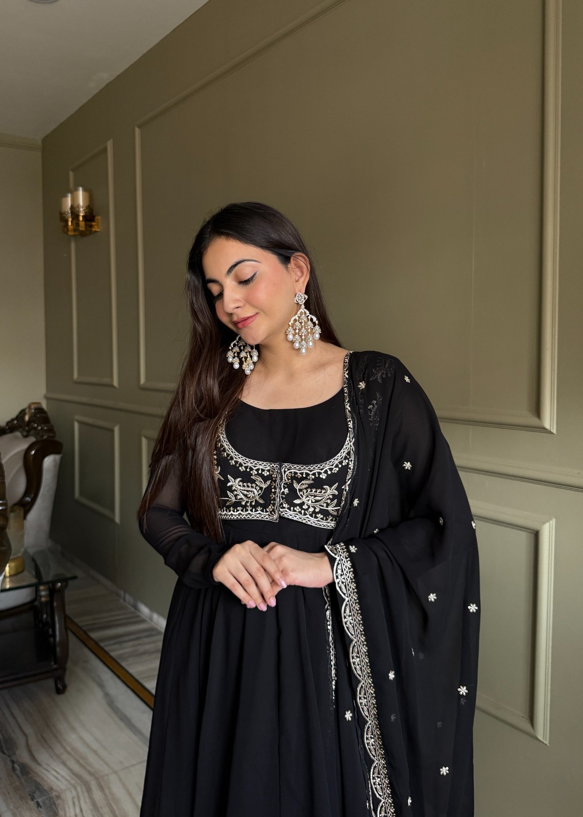 Black Indian Pakistani Dress Suit Floor Length Gown Anarkali Salwar Kameez Suit