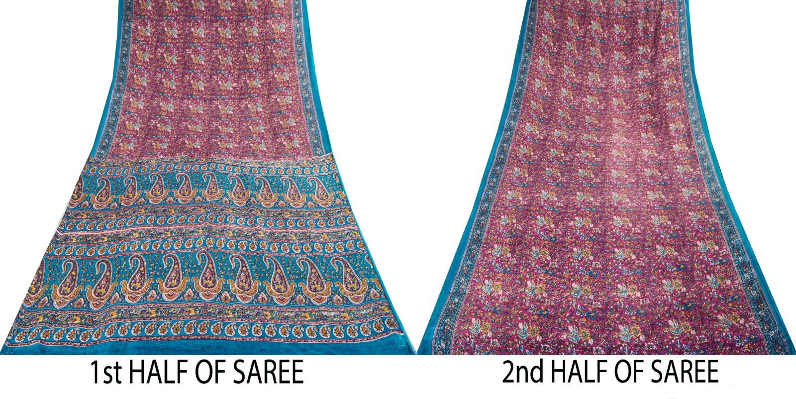 Sanskriti Vintage Saree Pink-Blue Pure Cotton Floral Printed Sari Fabric 5+Yard