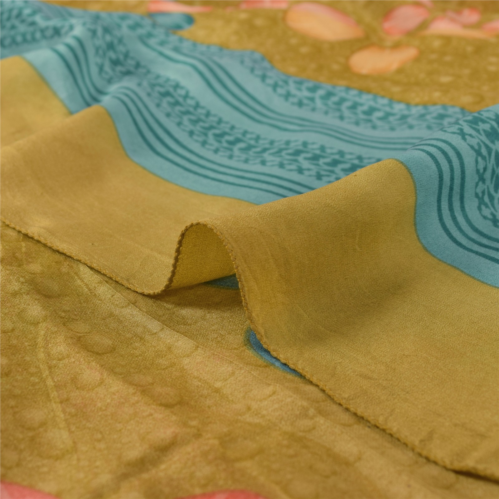 Sanskriti Vintage Saree Green Pure Crepe Silk Floral Printed Sari 5.5+Yd Fabric
