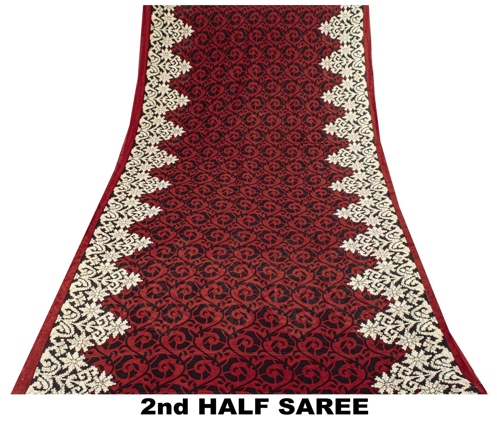 Sanskriti Vintage Saree Red-Black Pure Cotton Damask Printed Sari Fabric 5+Yard