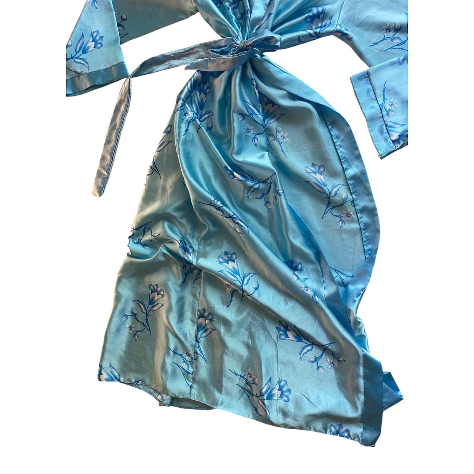 Vintage Y2K Blue Satin Floral Cottagecore Kimono Robe