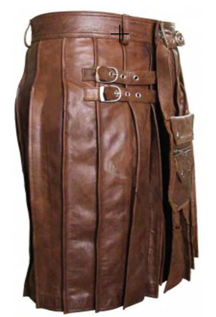 Handmade Real Leather Pleated Kilt + Sporran Pouch 36″ Waist Brown Utility Cargo