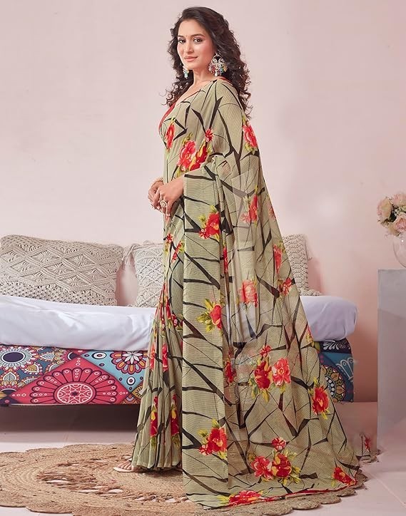 Women’s Floral Printed Georgette Saree with Unstitched Blouse Piece