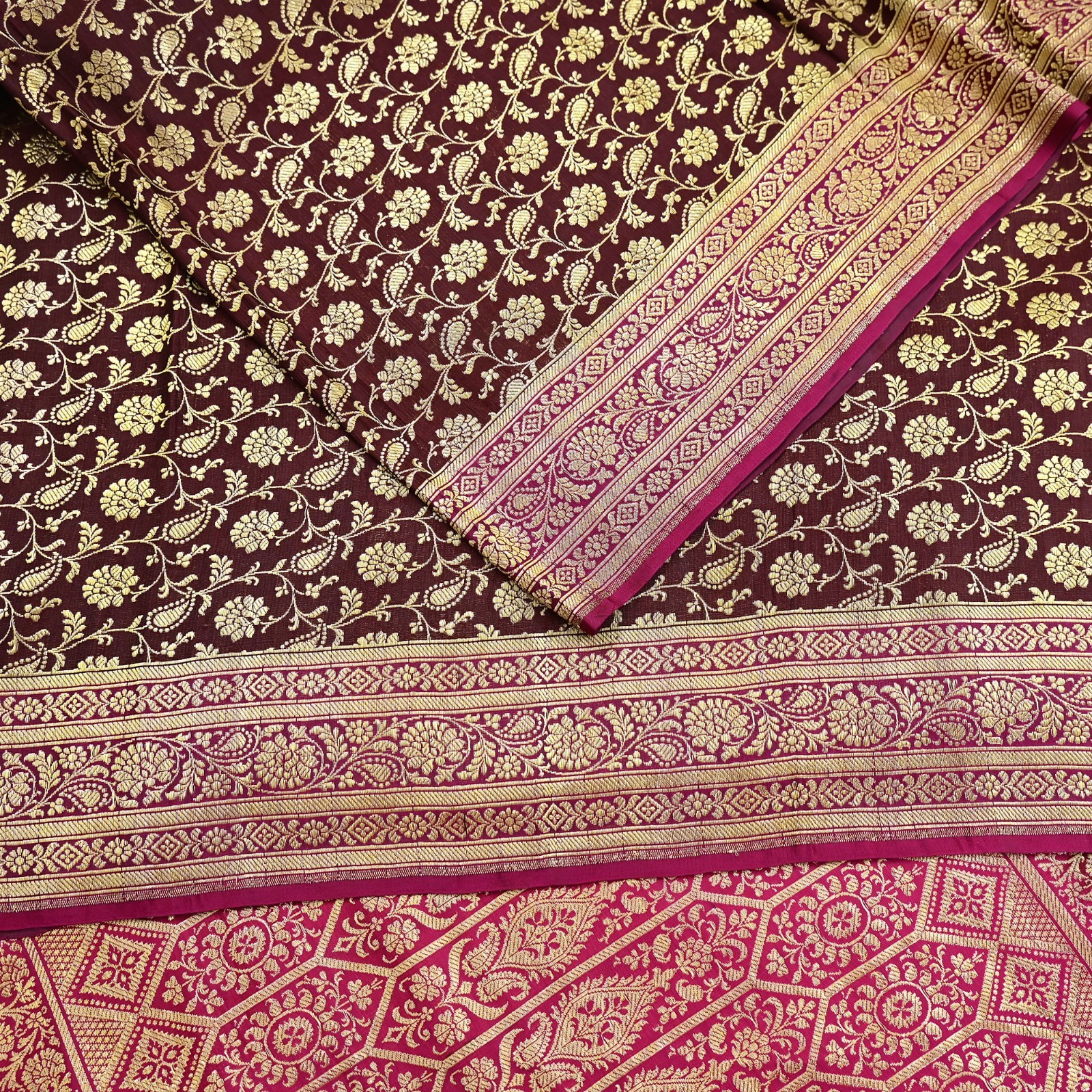 Vintage Sari Pink & Maroon Heavy Wedding Pure Satin Silk Banarasi Brocade Saree