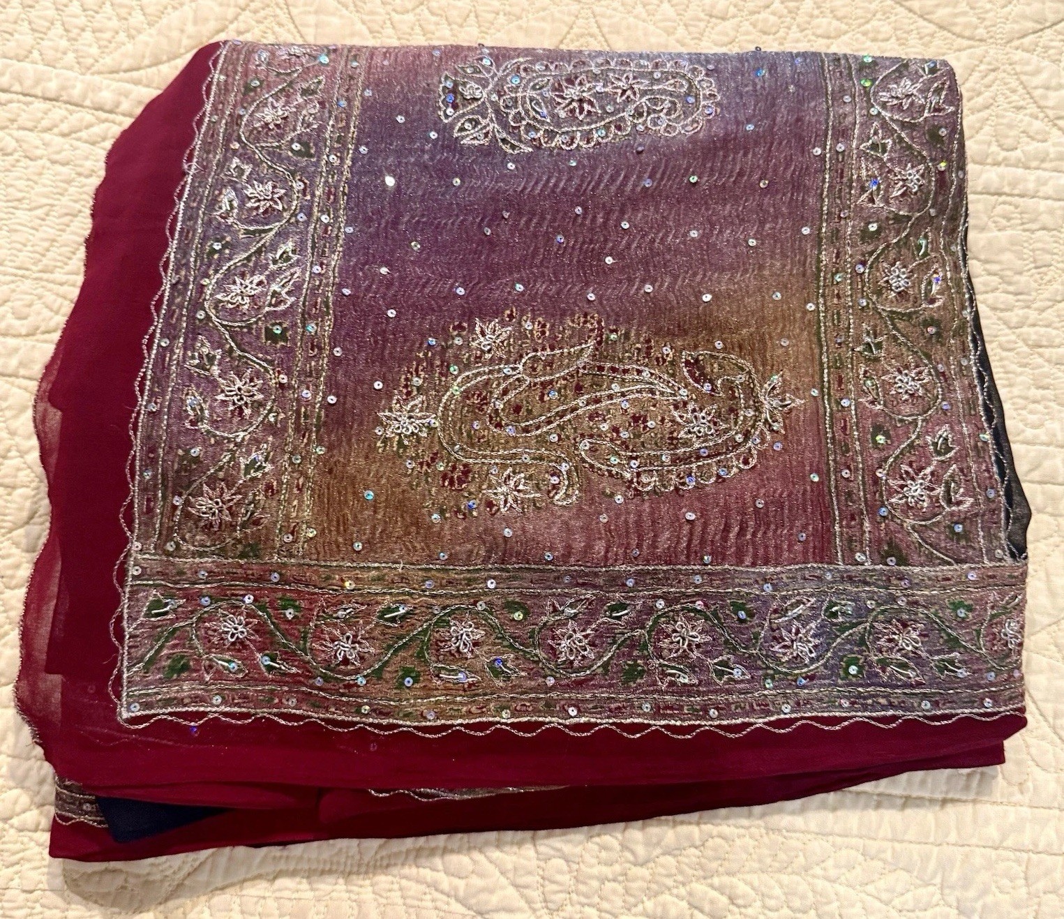SARI CHIFFON Burgundy Embroidered Border/ Black Sequined Interior 44×200+” EUC