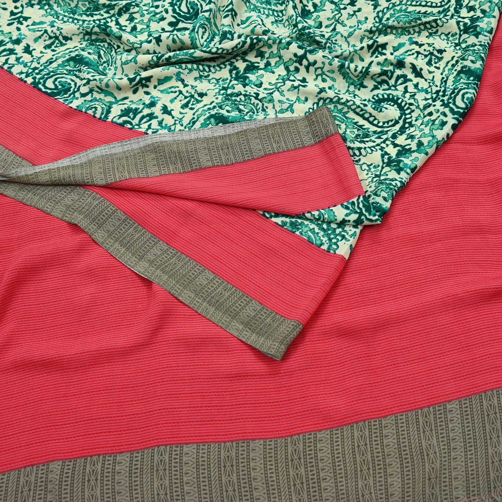 Indian Vintage Sari Pink & Ivory Moss Crepe Printed Sarees 6yd Craft Fabric soft