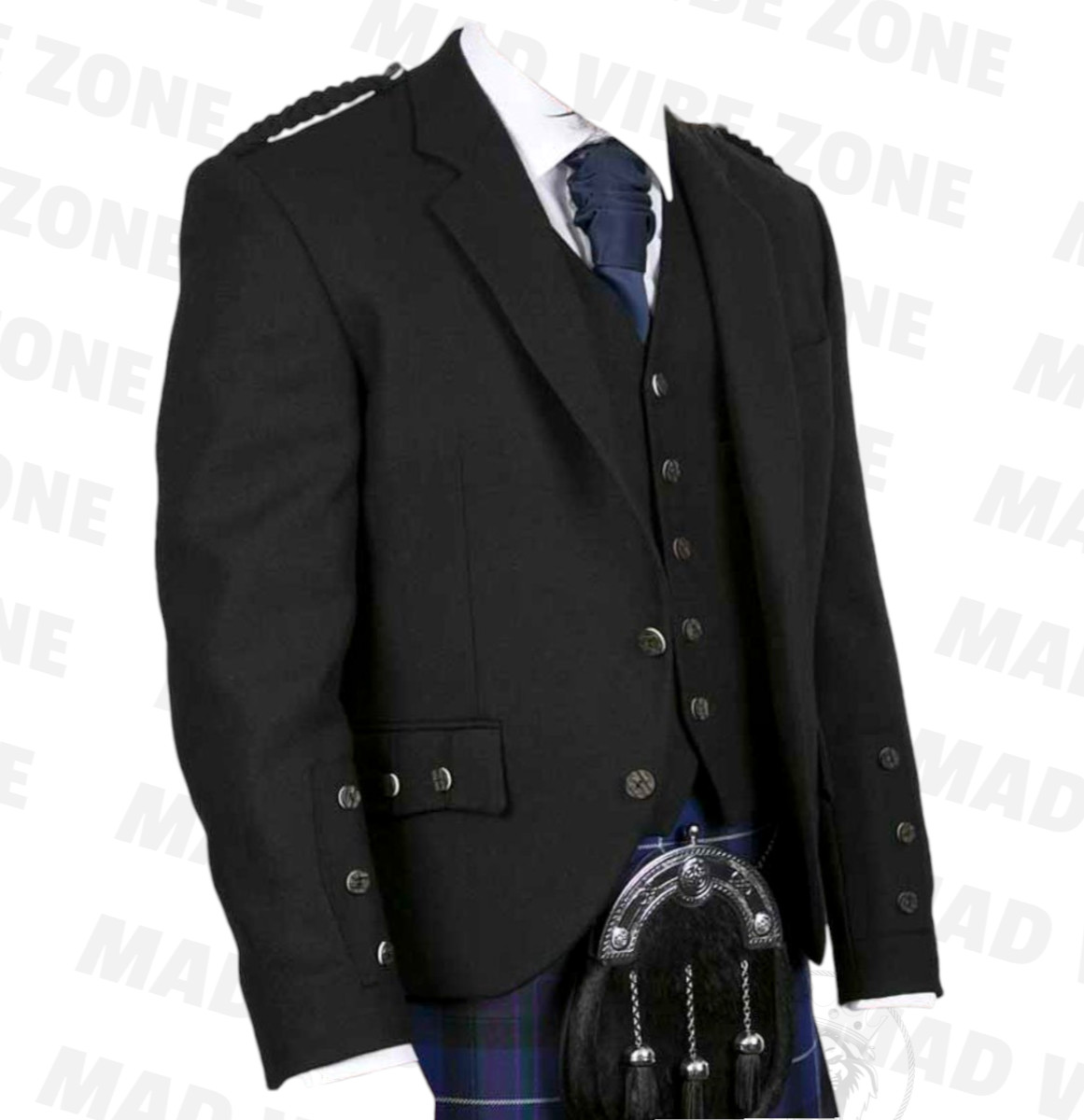 Handmade Black Herringbone Tweed Crail Jacket & Waistcoat – 2-Button Closure