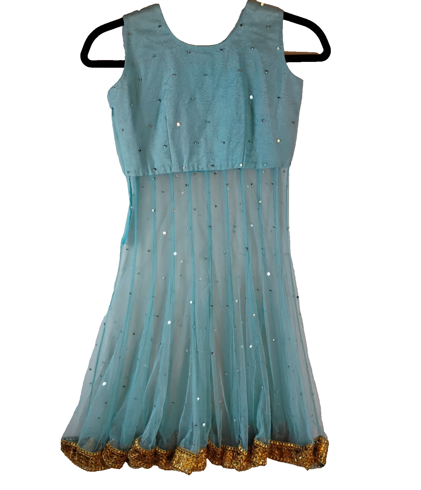 Girls Salwar Kameez Anarkali Set Blue Gold Party Wear Size 8-10? (26″ Chest)