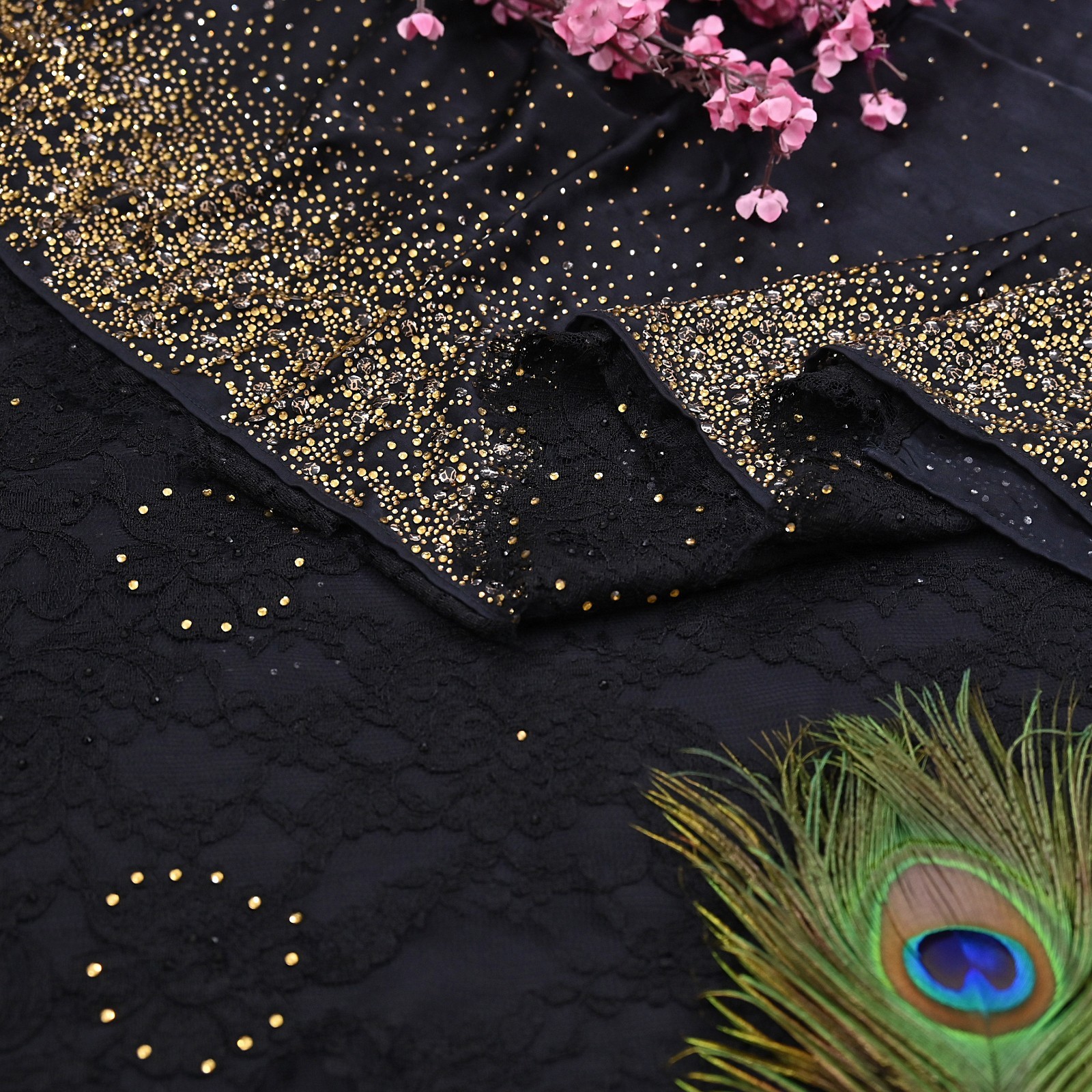 Rare Vintage Black Net Pure Satin Silk Saree Hand Embroidered Fabric 5 Yards Sa