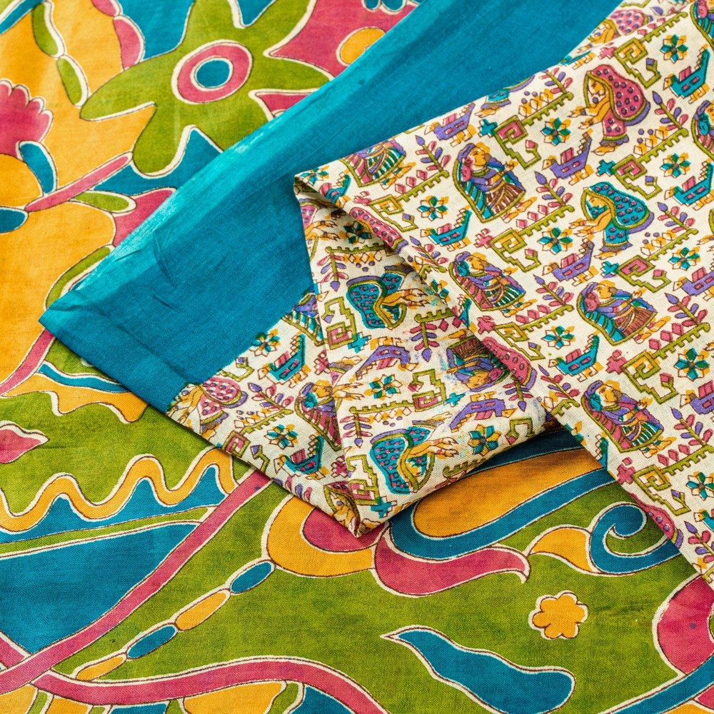 Sanskriti Vintage Sarees Ivory Pure Cotton Women Print 5+Yd Craft Supplies Sari