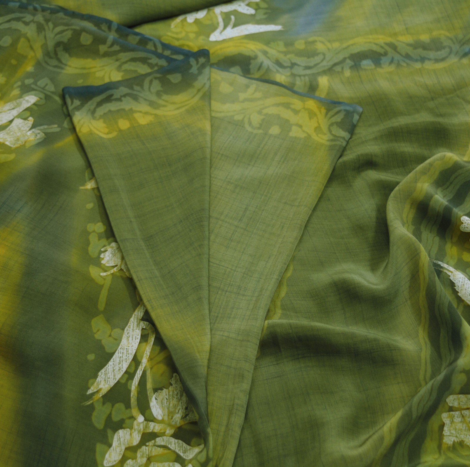Vintage Green Saree Pure Crepe Silk Printed Indian Sari Fabric 5yd Sewing Floral